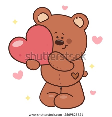 Cute teddy bear cub card valentine animals hug heart (Cute cartoon). Series: kawaii sticker whimsical characters. Perfect for romantic wedding vector Flat clipart banner t shirt design and background.