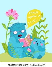 Cute teddy bear and bear cub reading fairy tale together kids greeting card design. Animal teaching mom bear and puppy cub reading a book in the forest. Funny hand drawn vector cartoon.