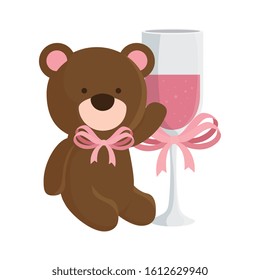 cute teddy bear with cup champagne isolated icon vector illustration design