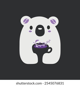 cute teddy bear with a cup of coffee on which a sprig of lavender lies, vector image, eps 10