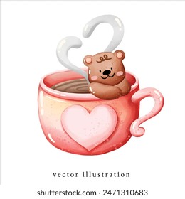 a cute teddy bear in cup of love coffee , Valentines element for decoration