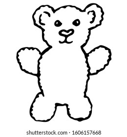 Cute teddy bear, curly toy as a gift for children, a girl on Valentine's Day, an element of the interior, a reminder of childhood. Hand drawn by black pen on white background, isolated, vector image.
