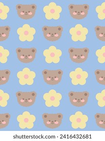 Cute Teddy Bear and daisy flower seamless pattern. Vector illustration. 