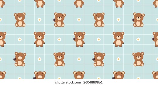 Cute teddy bear with daisy flower seamless pattern, vector illustration