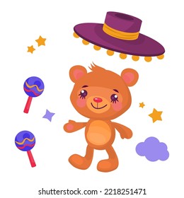 Cute teddy bear dancing. National attributes, maracas, hat. Can be used for nursery wall decoration, postcards, decoration, stickers, embroidery design. Vector illustration.