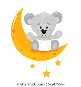 A cute teddy bear in a diaper on the moon. Vector illustration in cartoon flat style. White background.