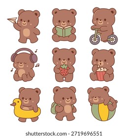 Ursinho de pelúcia bonito com várias atividades diárias. Contorno do conjunto de ilustrações do rabisco