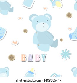 Cute Teddy Bear Doll and Baby Accessories Surface Seamless Pattern. Kawaii Flat Vector Illustration on White Background.