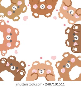 Muñeca linda del oso de peluche con el corazón en varias poses marco background.Wild animal personaje dibujos animados design.Imagen para tarjeta, etiqueta engomada, nota de papel, producto del bebé.Kawaii.Vector.Illustración.