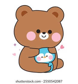 Lindo oso de peluche muñeca abrazo pequeño pingüino con corazón. Pájaro polar y carácter animal salvaje diseño de dibujos animados. Imagen para pegatina, ropa de bebé, estacionario. Kawaii. Vector. Ilustración.