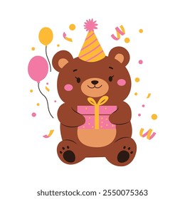 Cute Teddy Bear Doll Toy Character Celebrate Happy Birthday with Gift Box and Balloon