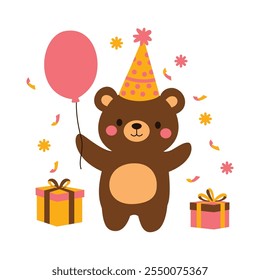 Cute Teddy Bear Doll Toy Character Celebrate Happy Birthday with Gift Box and Balloon