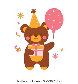 Cute Teddy Bear Doll Toy Character Celebrate Happy Birthday with Gift Box and Balloon