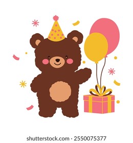 Cute Teddy Bear Doll Toy Character Celebrate Happy Birthday with Gift Box and Balloon