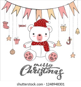  Cute teddy bear doodle isolated on white background for merry christmas card vector and illustration.