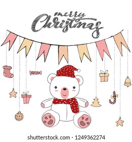  Cute teddy bear doodle isolated on white background for merry christmas card vector and illustration.