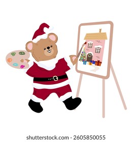A cute teddy bear dressed as Santa Claus paints a Christmas tree near festive cottage with a brush on an easel.