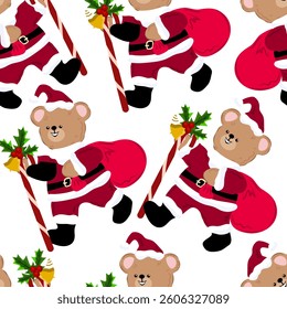 Cute teddy bear dressed as Santa Claus with a staff and a red gift bag seamless pattern.