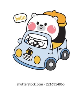 Cute teddy bear drive a car with honey and bee on white background.Cartoon animal character design.Hello text.Kawaii.Vector.Illustration.