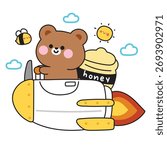 Cute teddy bear drive a rocket on the cloud sky.Honey,bee,sun hand drawn.Space.Wild animal character cartoon.Image for baby product,sticker,print screen.Isolated.Kawaii.Vector.Illustration.