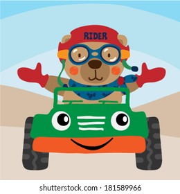 Cute teddy bear driving a beach buggy. Vector illustration