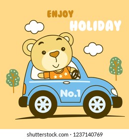 Cute Teddy Bear Driving A Car And Go Travel