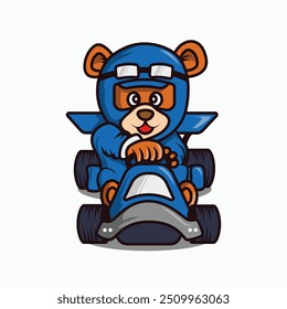 Cute Teddy Bear Driving Go Kart Mascot Logo