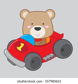 Cute teddy bear driving race car as a racer vector illustration