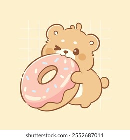 Ursinho de pelúcia bonito comer donut kawaii animal caráter