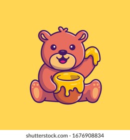 Cute Teddy Bear Eat Honey Vector Icon Illustration. Bear Mascot Cartoon Character. Animal Icon Concept White Isolated. Flat Cartoon Style Suitable for Web Landing Page, Banner, Flyer, Sticker, Card