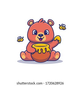 Cute Teddy Bear Eat Honey Vector Icon Illustration. Bear And Honey Icon Concept Isolated Premium Vector. Flat Cartoon Style