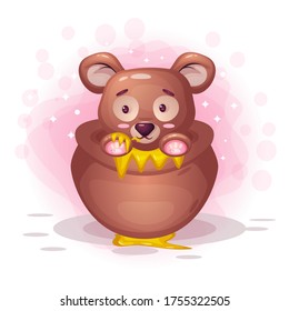 Cute teddy bear eat honey illustration. Premium Vector