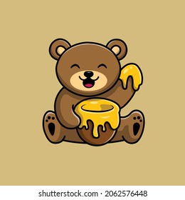 Cute Teddy Bear Eat Honey Vector Icon Illustration. Bear Mascot Cartoon Character. Animal Icon Concept White Isolated. Flat Cartoon Style Suitable for Web Landing Page, Banner, Flyer, Sticker, Card