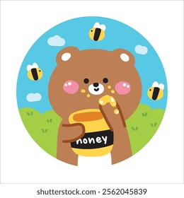 Cute teddy bear eat honey and hold honey jar jungle background picture screen on brooch pin.Sky,flower,bee,cloud.Wild animal character cartoon design.Kawaii.Vector.Illustration.