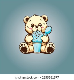 cute teddy bear eating ice cream, icon, logo