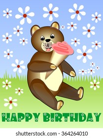 Cute teddy bear eating ice cream. Teddy bear on meadow with white small daisies. Happy birthday billboard for children party.  Teddy bear vector illustration. Retro post card with teddy bear.