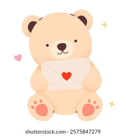 Cute teddy bear, with elements for Valentine's Day. Isolated on white background, vector illustration