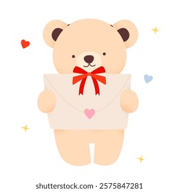 Cute teddy bear, with elements for Valentine's Day. Isolated on white background, vector illustration