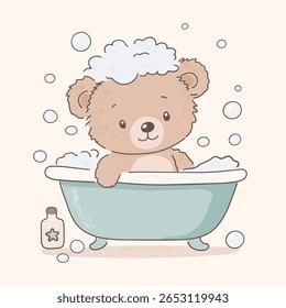 Urso de pelúcia bonito Desfrutando de um banho Bubbly em uma banheira de estilo vintage. Ilustração de vetor