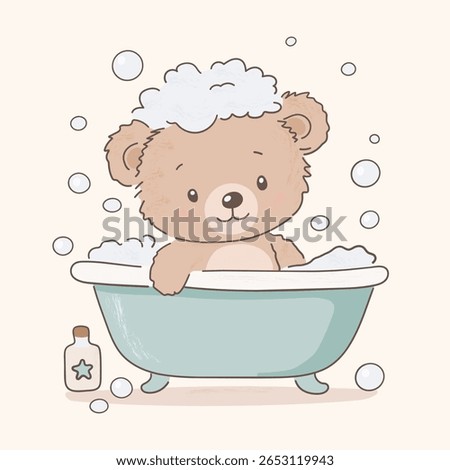 Cute Teddy Bear Enjoying a Bubbly Bath in a Vintage-Style Bathtub. Vector Illustration