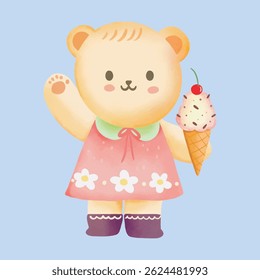 Cute Teddy Bear Enjoying Ice Cream Cone in isolated background