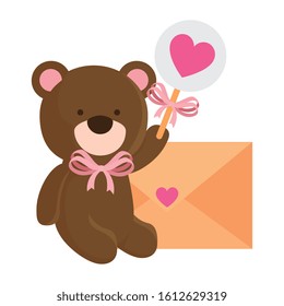 cute teddy bear with envelope and lollipop vector illustration design