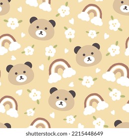Cute teddy bear face with flowers and rainbows in the sky, kids baby pastel yellow seamless pattern background, print for wrapping paper, fabric and textile.