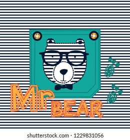 cute teddy bear face with glasses on pocket, T-shirt graphics design