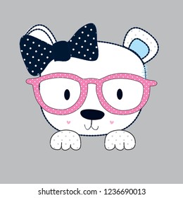 cute teddy bear face with glasses vector illustration, T-shirt graphics design for kids