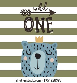 Cute Teddy Bear Face With Hand Drawn Wild One Lettering On Striped Background. T-shirt Graphics Design For Kids.