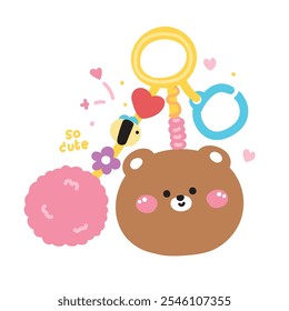 Cute teddy bear face head keychain bag with bead and furry ball.Heart,bee,flower hand drawn.Wild animal cartoon.Image for card,sticker,decoration item.Kawaii.Vector.Illustration.