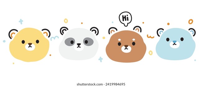 Cute teddy bear face line hand drawn style.Collection of cute wild cartoon design.Panda.Image for card,poster,baby clothing.Greeting.Kawaii.Vector.Illustration.