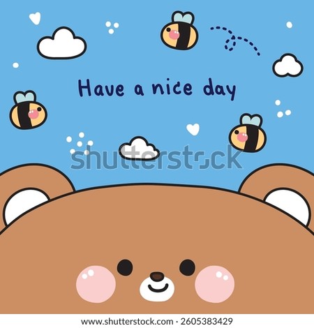 Cute teddy bear face look up at the sky background.Wild animal character cartoon.Bee.Cloud.Heart.Image for sticker,stationary,baby clothing.Kawaii.Vector.Illustration.