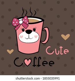 cute teddy bear face mug on polka dots background, a hot cup of coffee 